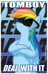 Size: 720x1109 | Tagged: safe, artist:texasuberalles, derpibooru import, rainbow dash, pegasus, pony, badass, beautiful, bipedal, crossed hooves, deal with it, female, frown, looking up, mare, meme, sexy, solo, sunglasses, tomboy