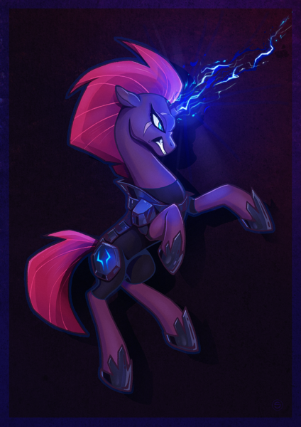 Size: 1414x2000 | Tagged: safe, artist:stasysolitude, derpibooru import, fizzlepop berrytwist, tempest shadow, pony, unicorn, my little pony: the movie, armor, badass, broken horn, electricity, female, rearing, solo