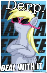 Size: 720x1109 | Tagged: safe, artist:texasuberalles, derpibooru import, derpy hooves, pegasus, pony, bipedal, crossed hooves, deal with it, female, frown, impact font, mare, meme, solo, sunglasses, wardrobe misuse