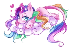 Size: 800x531 | Tagged: safe, artist:ipun, derpibooru import, oc, oc:sleepy cloud, unofficial characters only, classical unicorn, pony, unicorn, cloud, cloven hooves, female, heart, heart eyes, leonine tail, looking at you, mare, prone, rainbow hair, simple background, solo, transparent background, unshorn fetlocks, wingding eyes