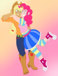 Size: 1000x1296 | Tagged: applejack, artist:storfulsten, blushing, boots, clothes, converse, cowboy hat, derpibooru import, gradient background, hat, hug, human, humanized, implied lesbian, implied shipping, leggings, pants, pinkie pie, safe, shirt, shoes, skirt, stetson