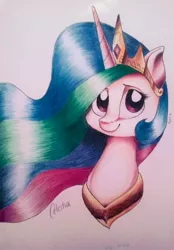 Size: 1470x2115 | Tagged: safe, artist:retromirage, derpibooru import, princess celestia, alicorn, pony, bust, crown, female, jewelry, looking at you, mare, peytral, portrait, regalia, simple background, solo, traditional art, white background