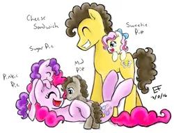 Size: 883x674 | Tagged: safe, artist:elementofsuprise, derpibooru import, cheese sandwich, pinkie pie, oc, oc:mud pie, oc:sugar pie, oc:sweetie pie, earth pony, pony, cheesepie, cute, eyes closed, female, laughing, lying down, male, offspring, on back, parent:cheese sandwich, parent:pinkie pie, parents:cheesepie, shipping, smiling, straight