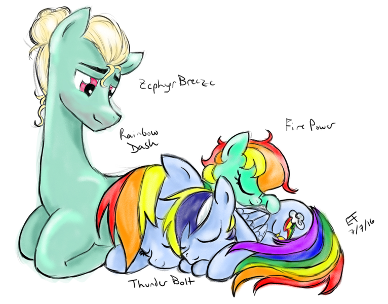 Size: 831x651 | Tagged: safe, artist:elementofsuprise, derpibooru import, rainbow dash, zephyr breeze, oc, oc:fire power, oc:thunder bolt, pegasus, pony, cute, eyes closed, female, lying down, male, offspring, parent:rainbow dash, parent:zephyr breeze, parents:zephdash, shipping, sleeping, smiling, straight, zephdash