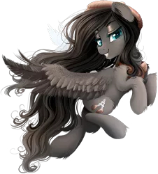 Size: 1580x1750 | Tagged: safe, artist:meotashie, derpibooru import, oc, oc:louise, unofficial characters only, pegasus, pony, clothes, ear fluff, female, flying, hat, long mane, scarf, simple background, smiling, solo, transparent background