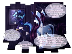 Size: 1500x1125 | Tagged: safe, artist:vavacung, derpibooru import, oc, oc:crystal bloom, oc:young queen, unofficial characters only, changeling, hybrid, pony, unicorn, bandage, blue changeling, changeling oc, clothes, dialogue, female, lightning, mare, patreon reward, rain, scarf, speech bubble, spider web, storm, window