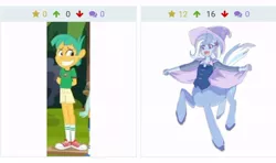 Size: 718x425 | Tagged: safe, artist:misochikin, derpibooru import, edit, edited screencap, screencap, snails, trixie, centaur, derpibooru, equestria girls, legend of everfree, camp everfree outfits, cape, clothes, converse, hat, juxtaposition, meta, shoes, smiling