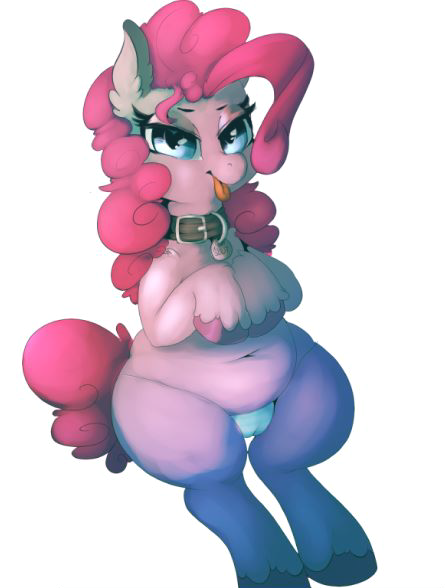 Size: 445x588 | Tagged: questionable, artist:lunarmarshmallow, derpibooru import, pinkie pie, earth pony, pony, belly button, cameltoe, chubby, clothes, collar, ear fluff, female, looking at you, panties, simple background, sitting, solo, solo female, tongue out, underwear, white background