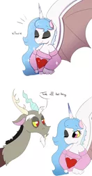 Size: 2893x5487 | Tagged: absurd resolution, artist:marukouhai, clothes, derpibooru import, discord, eyes closed, father and daughter, hybrid, interspecies offspring, oc, oc:eris, offspring, one eye closed, parent:discord, parent:princess celestia, parents:dislestia, safe, shoulderless, sweater