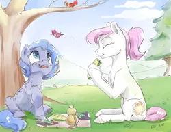 Size: 1280x989 | Tagged: safe, artist:silfoe, derpibooru import, princess celestia, princess luna, bird, butterfly, earth pony, pony, royal sketchbook, :t, cute, cutelestia, duo, earth pony celestia, earth pony luna, eating, eyes closed, eyes on the prize, female, filly, filly celestia, filly luna, food, freckles, grapes, grass, hoof hold, looking up, lunabetes, mare, outdoors, picnic, pink-mane celestia, ponytail, race swap, raised hoof, sandwich, scenery, sitting, tree, underhoof, woona, younger