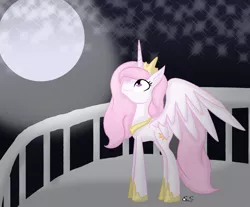 Size: 1408x1168 | Tagged: safe, artist:drekisaga, derpibooru import, princess celestia, alicorn, pony, balcony, crown, female, jewelry, looking up, mare, moon, night, peytral, pink-mane celestia, regalia, solo, younger