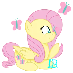Size: 1000x1000 | Tagged: safe, artist:midnight-zpirit082, derpibooru import, fluttershy, butterfly, pegasus, pony, cute, cutie mark background, folded wings, insect on nose, looking at something, profile, prone, raised hoof, shyabetes, simple background, solo, transparent background