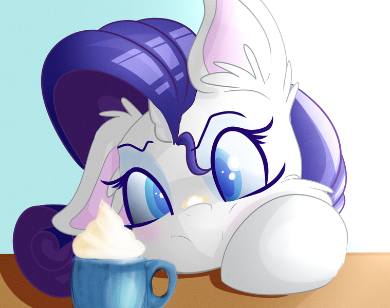 Size: 2184x1726 | Tagged: safe, artist:asimplerarity, derpibooru import, rarity, pony, unicorn, coffee, floppy ears, food, latte, rarity looking at food, solo