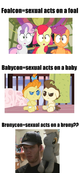 Size: 502x1080 | Tagged: suggestive, derpibooru import, apple bloom, derpy hooves, pound cake, pumpkin cake, scootaloo, sweetie belle, earth pony, human, pegasus, pony, unicorn, bronycon, babycon, brony, cutie mark crusaders, image macro, implied foalcon, insane troll logic, irl, irl human, littleshyfim, logic, meme, photo, plushie