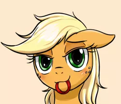Size: 350x300 | Tagged: applejack, artist:mingy.h, bedroom eyes, blushing, bust, cute, derpibooru import, floppy ears, freckles, hair tie, jackabetes, lidded eyes, looking at you, loose hair, messy mane, mouth hold, pixiv, portrait, safe, simple background, solo
