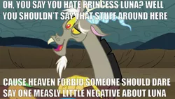 Size: 1280x720 | Tagged: derpibooru import, discord, draconequus, drama bait, edit, edited screencap, image macro, implied princess luna, luna hate, meme, safe, screencap, solo, the return of harmony