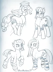 Size: 756x1019 | Tagged: safe, artist:brianblackberry, derpibooru import, limestone pie, marble pie, maud pie, pinkie pie, earth pony, pony, clothes, female, food, jumping, monochrome, open mouth, pi day, pie, pie sisters, pronking, raised hoof, siblings, sisters, sketch, smiling, socks, striped socks