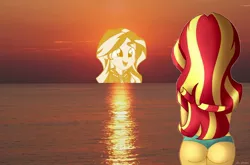 Size: 1094x720 | Tagged: suggestive, artist:kirakirtle, derpibooru import, edit, sunset shimmer, equestria girls, ass, bunset shimmer, clothes, green swimsuit, literal, pun, sunset, swimsuit, thong swimsuit, visual pun, water, wedgie