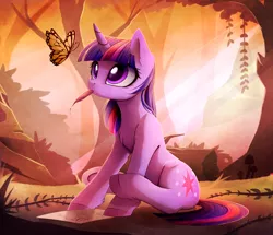 Size: 2254x1941 | Tagged: safe, artist:magnaluna, derpibooru import, twilight sparkle, butterfly, pony, unicorn, chest fluff, commission, crepuscular rays, cute, drawing, eyelashes, eyes on the prize, female, fluffy, forest, ink, looking at something, looking up, mare, mouth hold, nature, paper, quill, sitting, solo, twiabetes, unicorn twilight, unshorn fetlocks