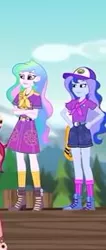 Size: 123x289 | Tagged: safe, derpibooru import, screencap, gloriosa daisy, princess celestia, princess luna, equestria girls, legend of everfree, boots, camp everfree outfits, cap, clothes, crossed arms, hand on hip, hat, high heel boots, lifejacket, picture for breezies, pier, principal celestia, sash, scarf, shorts, skirt, socks, vice principal luna