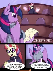 Size: 1280x1706 | Tagged: alicorn, anthro, artist:suirano, big breasts, breasts, busty moondancer, busty twilight sparkle, classroom, clothes, comic, comic:teacher's pet, derpibooru import, dialogue, female, glasses, glowing horn, magic, moondancer, open mouth, patreon, patreon logo, smiling, speech bubble, suggestive, telekinesis, twilight sparkle, twilight sparkle (alicorn)