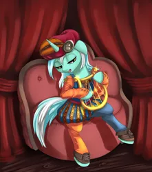 Size: 1488x1683 | Tagged: safe, artist:dankflank, derpibooru import, lyra heartstrings, pony, unicorn, bard, clothes, crossover, drawthread, fantasy class, female, hat, lyre, mare, music, musical instrument, priscilla, singing, sitting, solo, the witcher, the witcher 3