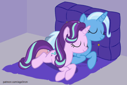 Size: 750x500 | Tagged: safe, artist:age3rcm, derpibooru import, starlight glimmer, trixie, pony, unicorn, animated, cute, daaaaaaaaaaaw, diatrixes, ear twitch, eyes closed, female, gif, glimmerbetes, hnnng, lesbian, pony pillow, shipping, show accurate, sleeping, startrix, weapons-grade cute