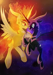 Size: 1200x1682 | Tagged: safe, artist:andypriceart, artist:zidanemina, derpibooru import, nightmare moon, nightmare star, princess celestia, alicorn, pony, fight, floppy ears, flying, frown, open mouth, stars, twilight (astronomy)