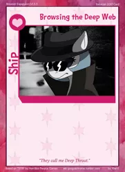 Size: 788x1088 | Tagged: artist:10art1, browser ponies, card, clothes, deep web browsing, derpibooru import, fedora, glasses, hat, incognito, innuendo, noir, oc, oc:google chrome, safe, shipping, solo, sunglasses, trenchcoat, twilight sparkle's secret shipfic folder, undercover, unofficial characters only