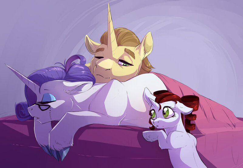 Size: 1024x708 | Tagged: safe, artist:vindhov, derpibooru import, donut joe, rarity, oc, oc:scarlet heart, pony, bed, blanket, cloven hooves, crack shipping, cute, female, glasses, male, next generation, offspring, parent:donut joe, parent:rarity, parents:rarijoe, pregnant, rarijoe, shipping, sleeping, story in the source, story included, straight, young