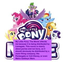 Size: 669x643 | Tagged: safe, derpibooru import, applejack, fluttershy, pinkie pie, rainbow dash, rarity, spike, twilight sparkle, twilight sparkle (alicorn), alicorn, dragon, pony, offensive ponies, my little pony: the movie, disney, lionsgate, logo, mane seven, mane six, meme, meta, mgm, pun, text, walt disney