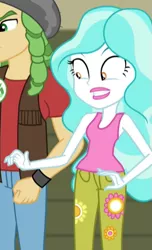 Size: 323x530 | Tagged: safe, derpibooru import, screencap, paisley, sandalwood, equestria girls, rainbow rocks, clothes, cropped, floral print, flower, gritted teeth, image, jeans, lipstick, male, offscreen male, pants, png, sleeveless, tanktop, yeesh