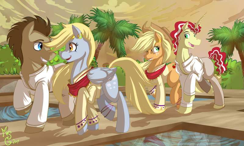 Size: 5250x3150 | Tagged: safe, artist:moostargazer, derpibooru import, applejack, derpy hooves, doctor whooves, flim, time turner, earth pony, pegasus, pony, unicorn, absurd resolution, clothes, doctorderpy, female, flimjack, male, shipping, straight