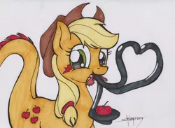 Size: 1230x900 | Tagged: apple, applejack, artist:shikogo, derpibooru import, food, hat, heart, looking at you, monster pony, original species, safe, signature, solo, species swap, tatzljack, tatzlpony, tentacles, tentacle tongue, traditional art