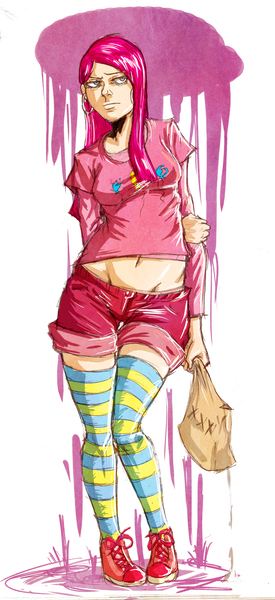 Size: 1528x3330 | Tagged: artist:redblacktac, clothes, derpibooru import, ear piercing, earring, female, human, humanized, jewelry, madame le flour, midriff, piercing, pinkamena diane pie, pinkie pie, safe, shoes, shorts, simple background, socks, solo, striped socks, white background