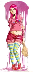 Size: 1528x3330 | Tagged: artist:redblacktac, clothes, derpibooru import, ear piercing, earring, female, human, humanized, jewelry, madame le flour, midriff, piercing, pinkamena diane pie, pinkie pie, safe, shoes, shorts, simple background, socks, solo, striped socks, white background