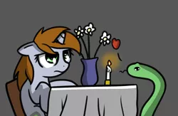 Size: 1280x836 | Tagged: safe, artist:neuro, derpibooru import, oc, oc:littlepip, unofficial characters only, pony, snake, unicorn, fallout equestria, :p, candle, candlelight dinner, danger noodle, date, female, floppy ears, flower, frown, glare, gray background, heart, mare, simple background, solo, tongue out, unamused, vase