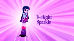 Size: 1323x730 | Tagged: safe, derpibooru import, twilight sparkle, equestria girls, backpack, bowtie, clothes, commercial, cute, hands together, leg warmers, looking at you, magic of friendship (equestria girls), music video, purple background, shoes, simple background, skirt, solo, sparkles