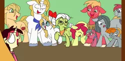 Size: 1480x720 | Tagged: safe, artist:zee-stitch, derpibooru import, applejack, big macintosh, granny smith, marble pie, prince blueblood, oc, oc:apple core, oc:apple shine, oc:arkansas black, oc:dixie whistle, oc:erligold apple, oc:zari apple, earth pony, pony, bluejack, family, floppy ears, male, marblemac, offspring, parent:apple bloom, parent:applejack, parent:big macintosh, parent:flim, parent:marble pie, parent:prince blueblood, parents:bluejack, parents:marblemac, shipping, smiling, stallion, straight