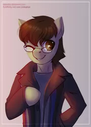 Size: 1200x1680 | Tagged: safe, artist:risterdus, derpibooru import, oc, oc:zephysonas, unofficial characters only, earth pony, pony, big ears, brown eyes, brown hair, bust, clothes, commission, glasses, jacket, male, one eye closed, portrait, scarf, solo, stallion, wink