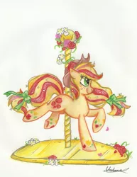 Size: 1254x1621 | Tagged: safe, artist:urahana, derpibooru import, applejack, pony, pole, rainbow power, solo, traditional art