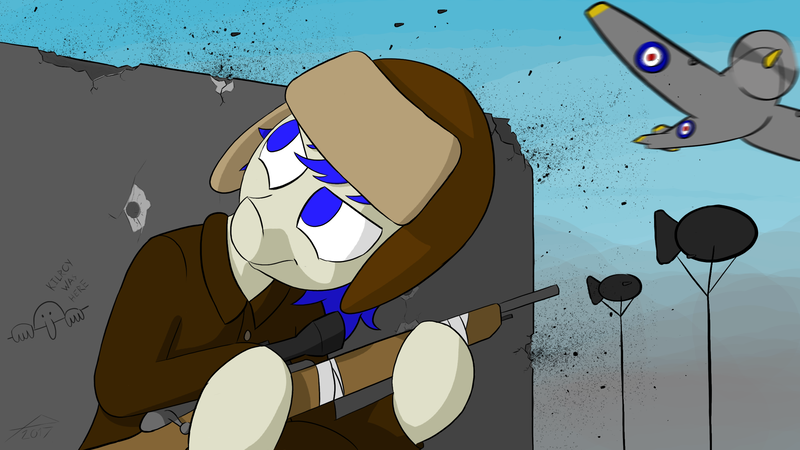 Size: 2560x1440 | Tagged: artist:platenjack, blimp, british, derpibooru import, fighter, gun, hat, kilroy was here, oc, oc:platen, rifle, safe, solo, unofficial characters only, war, weapon, world war ii