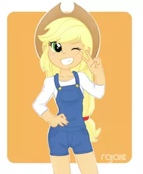 Size: 862x1052 | Tagged: safe, artist:rajaie, derpibooru import, applejack, equestria girls, clothes, cowboy hat, dungarees, grin, hat, one eye closed, smiling, solo, stetson, wink