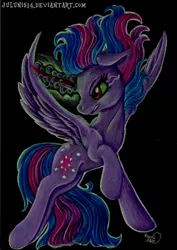 Size: 1642x2320 | Tagged: safe, artist:julunis14, derpibooru import, twilight sparkle, twilight sparkle (alicorn), alicorn, pony, black background, colored horn, corrupted, corrupted twilight sparkle, curved horn, dark magic, dark twilight sparkle, female, flying, frown, gritted teeth, horn, magic, mare, nose wrinkle, signature, simple background, solo, sombra eyes, sombra's horn, spread wings, traditional art, watermark, wavy mane, wings