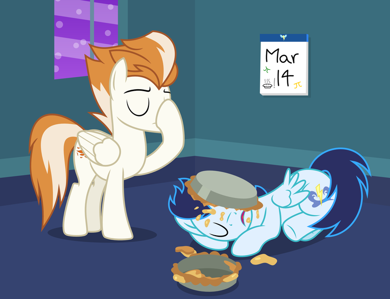 Size: 2610x2000 | Tagged: safe, artist:chainchomp2, derpibooru import, fire streak, soarin', pegasus, pony, calendar, facehoof, food, gluttony, high res, male, messy eating, pi, pi day, pie, prone, side, stallion, that pony sure does love pies, this will end in colic, vector