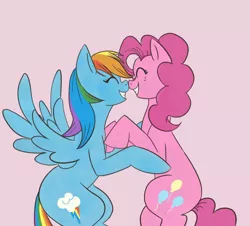 Size: 500x452 | Tagged: safe, artist:rarijack-countrycouture, derpibooru import, pinkie pie, rainbow dash, earth pony, pegasus, pony, bipedal, boop, duo, eyes closed, female, lesbian, mare, noseboop, pink background, pinkiedash, shipping, simple background, smiling, spread wings