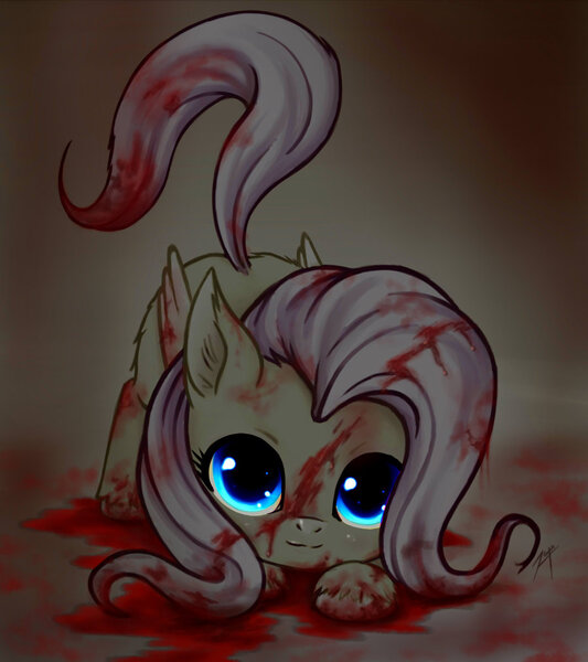 Size: 900x1013 | Tagged: semi-grimdark, alternate version, artist:zetamad, derpibooru import, fluttershy, pegasus, pony, behaving like a cat, blood, butt fluff, ear fluff, face down ass up, female, fluffy, folded wings, grimcute, hoof fluff, innocent, leg fluff, looking at you, looking up, mare, solo, stain, unshorn fetlocks