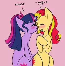 Size: 500x504 | Tagged: safe, artist:rarijack-countrycouture, derpibooru import, sci-twi, sunset shimmer, twilight sparkle, ponified, pony, unicorn, blushing, duo, equestria girls ponified, female, kissing, lesbian, mare, scitwishimmer, shipping, sunsetsparkle