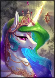 Size: 1240x1753 | Tagged: safe, artist:begasus, derpibooru import, princess celestia, alicorn, pony, art trade, beautiful, bust, crown, curved horn, detailed, ear fluff, eyeshadow, female, forest background, glowing horn, grin, horn jewelry, jewelry, levitation, magic, makeup, mare, necklace, peytral, portrait, regalia, signature, smiling, solo, telekinesis, tiara, wing fluff, wing jewelry