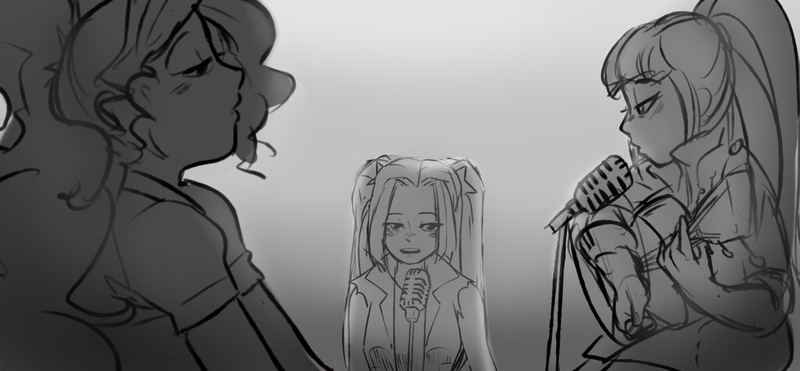 Size: 1400x650 | Tagged: safe, artist:amazingpuffhair, derpibooru import, adagio dazzle, aria blaze, sonata dusk, equestria girls, rainbow rocks, eyes closed, guitar, microphone, monochrome, singing, sketch, smiling, the dazzlings, trio